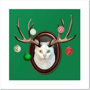 Festive White Catalope Portrait with Christmas Ball Ornaments Posters and Art